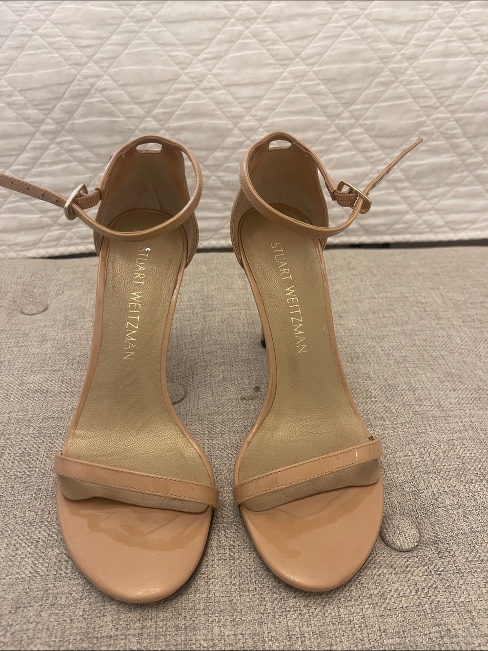 Stuart Weitzman Patent Nude Ankle-Strap Heels